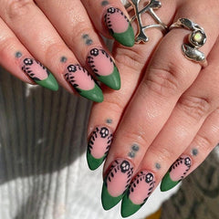 24pcs Green French Tip Press On Nails with Skull Full Cover False Nails