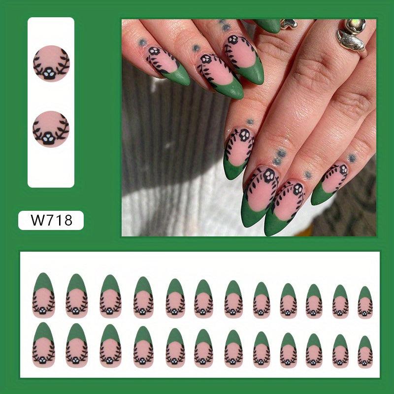 24pcs Green French Tip Press On Nails with Skull Full Cover False Nails