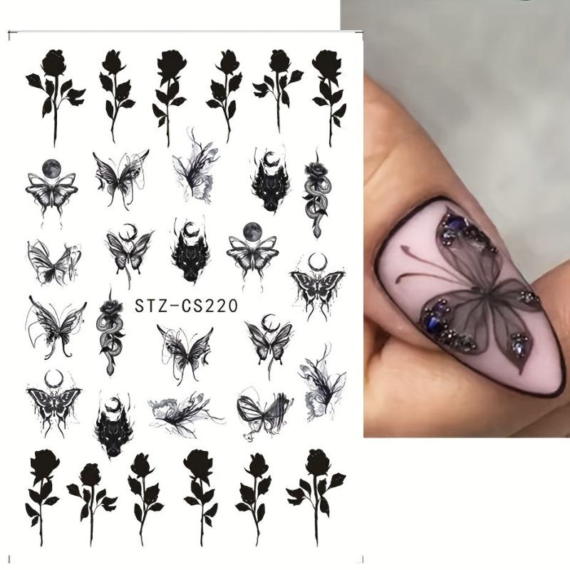 Gothic Nail Art Stickers Self Adhesive Decals Rose Butterfly Skull Designs