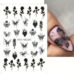 Gothic Nail Art Stickers Self Adhesive Decals Rose Butterfly Skull Designs