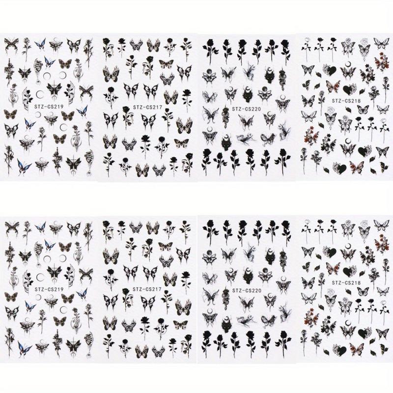 Gothic Nail Art Stickers Self Adhesive Decals Rose Butterfly Skull Designs