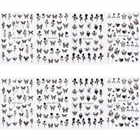 Gothic Nail Art Stickers Self Adhesive Decals Rose Butterfly Skull Designs