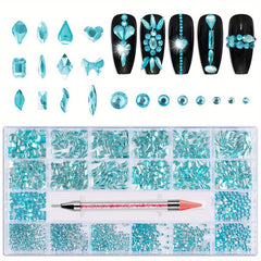 Nail Art Rhinestones Set - 14 Different Shapes Round Crayons Cham