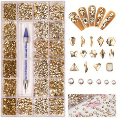 Nail Art Rhinestones Set - 14 Different Shapes Round Crayons Cham