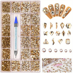 Nail Art Rhinestones Set - 14 Different Shapes Round Crayons Cham