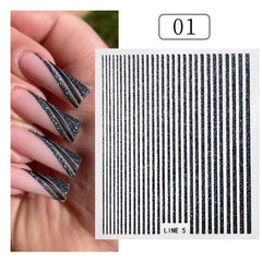 3D Lines Nail Stickers Holographic Silver Rose Metal Stripe Letters Decals
