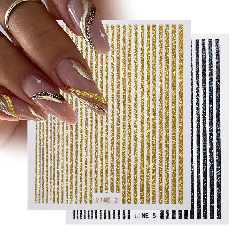 3D Lines Nail Stickers Holographic Silver Rose Metal Stripe Letters Decals