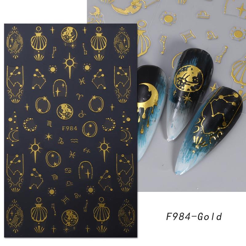 Golden Bronzing Nail Art Stickers Decals Sun Moon Stars Nail Art Decals