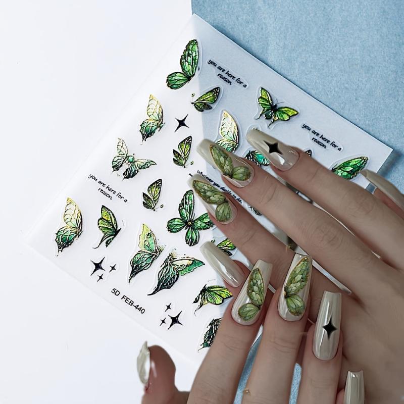 Green Butterfly Nail Art Stickers Holographic 5D Engraved Self Adhesive Sticker