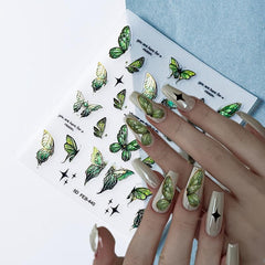 Green Butterfly Nail Art Stickers Holographic 5D Engraved Self Adhesive Sticker