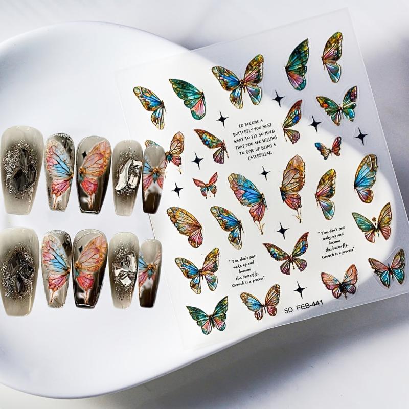 Green Butterfly Nail Art Stickers Holographic 5D Engraved Self Adhesive Sticker