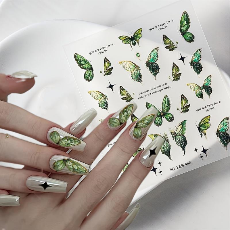 Green Butterfly Nail Art Stickers Holographic 5D Engraved Self Adhesive Sticker