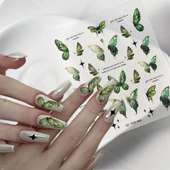 Green Butterfly Nail Art Stickers Holographic 5D Engraved Self Adhesive Sticker