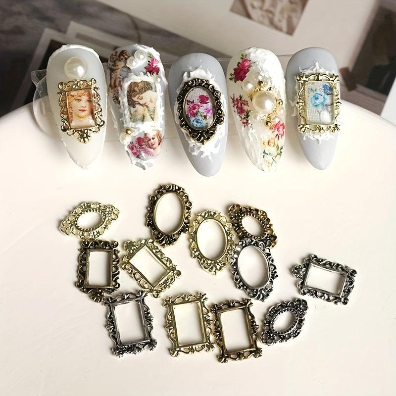 10 Pcs Nail Art Charms Metal Frames Engraved Nail Jewelry