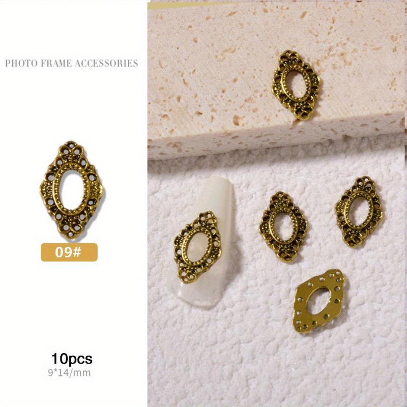 10 Pcs Nail Art Charms Metal Frames Engraved Nail Jewelry