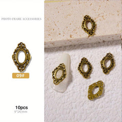 10 Pcs Nail Art Charms Metal Frames Engraved Nail Jewelry
