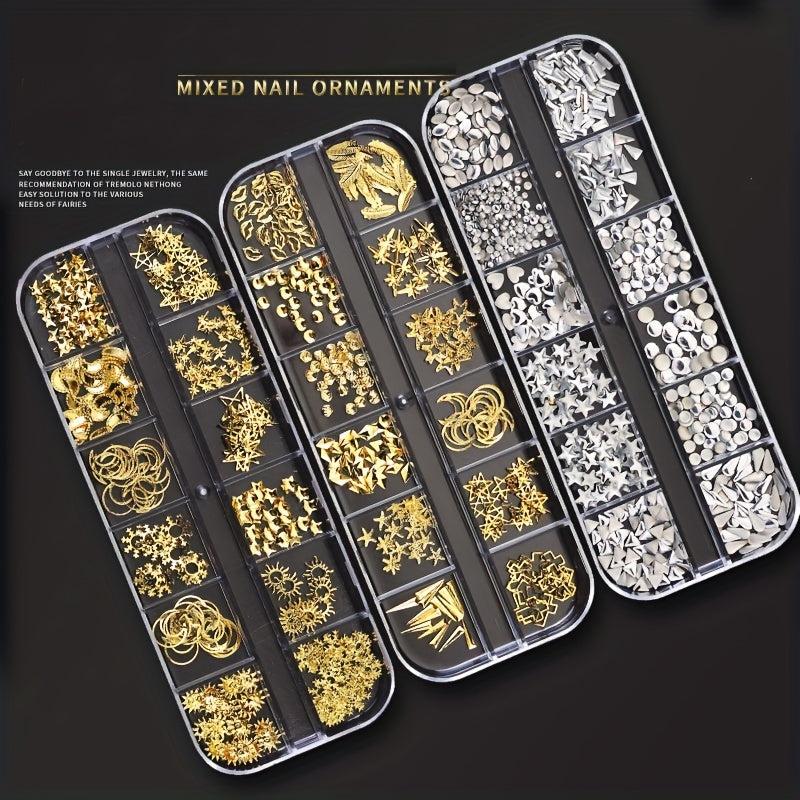 Golden Nail Charms with Sparkling Crystals & Rhinestones for DIY Nails