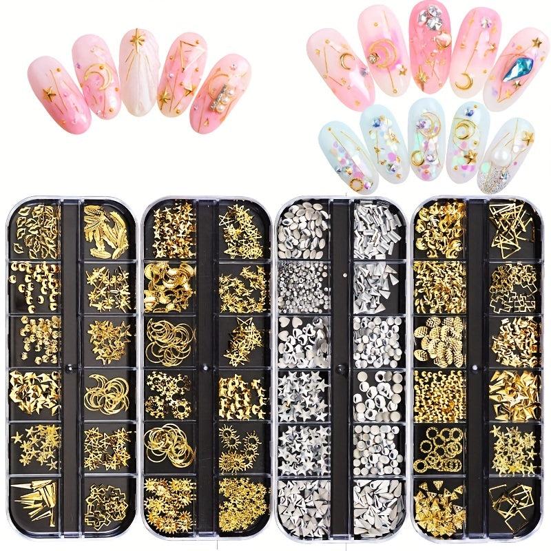 Golden Nail Charms with Sparkling Crystals & Rhinestones for DIY Nails
