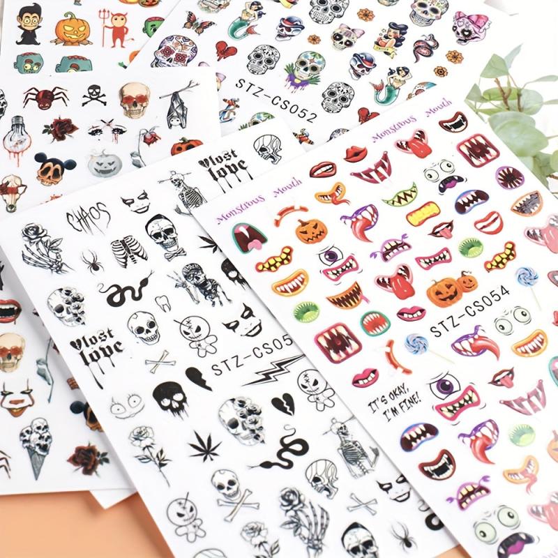 Halloween Nail Art Stickers 3D Self Adhesive Nail Decals Spider Witch Snake Eye