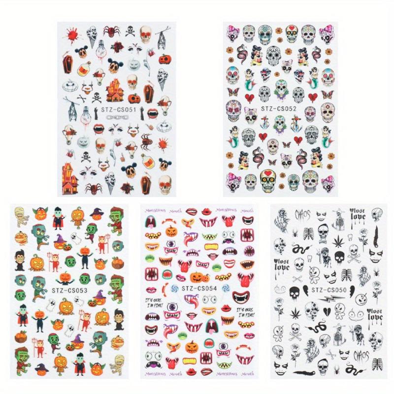 Halloween Nail Art Stickers 3D Self Adhesive Nail Decals Spider Witch Snake Eye