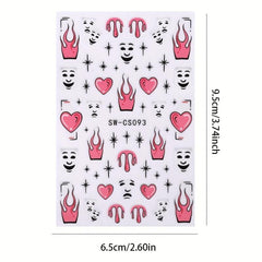 3D Pink Heart Fire Flame Nail Sticker Decal Self Adhesive Manicure