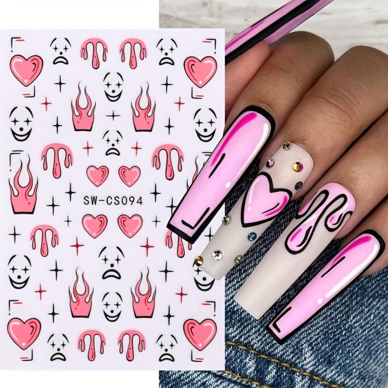 3D Pink Heart Fire Flame Nail Sticker Decal Self Adhesive Manicure