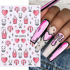 3D Pink Heart Fire Flame Nail Sticker Decal Self Adhesive Manicure