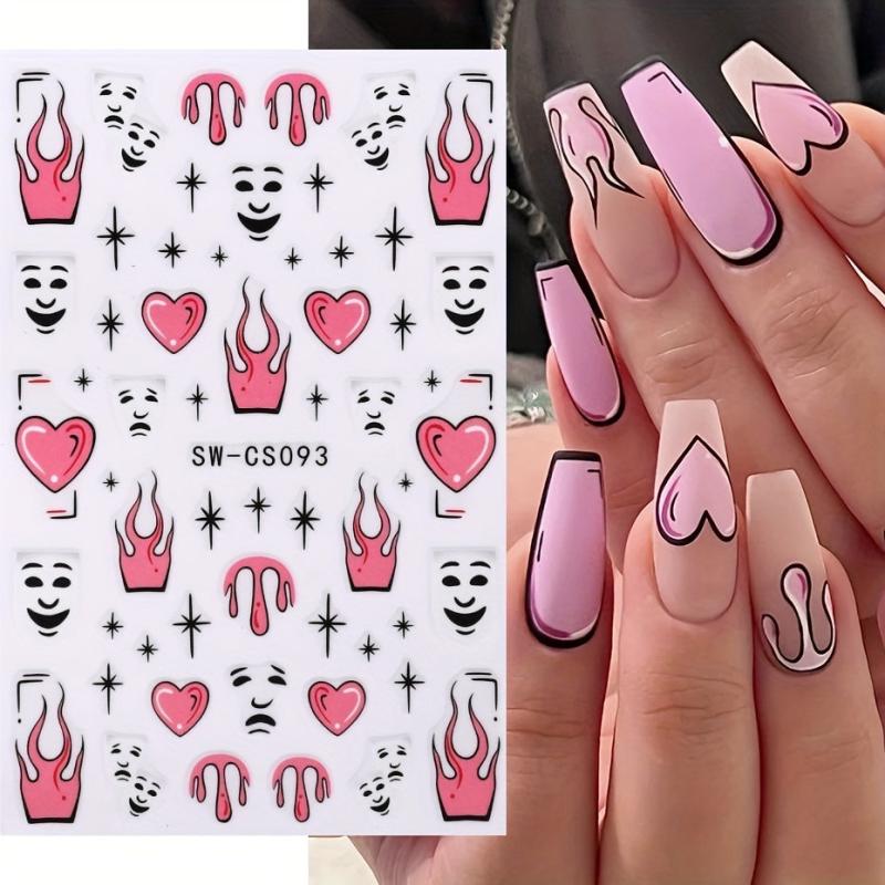 3D Pink Heart Fire Flame Nail Sticker Decal Self Adhesive Manicure
