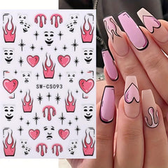 3D Pink Heart Fire Flame Nail Sticker Decal Self Adhesive Manicure