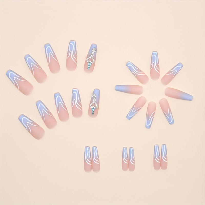 24 pcs Heart Rhinestone Press On Nails Long Square False Nails for Women