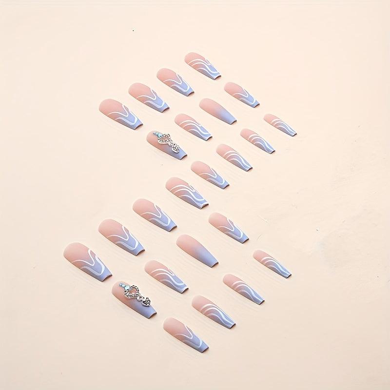 24 pcs Heart Rhinestone Press On Nails Long Square False Nails for Women