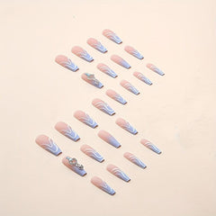 24 pcs Heart Rhinestone Press On Nails Long Square False Nails for Women