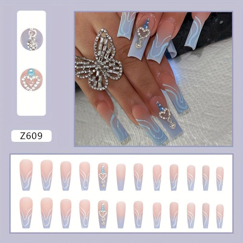24 pcs Heart Rhinestone Press On Nails Long Square False Nails for Women