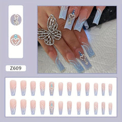 24 pcs Heart Rhinestone Press On Nails Long Square False Nails for Women