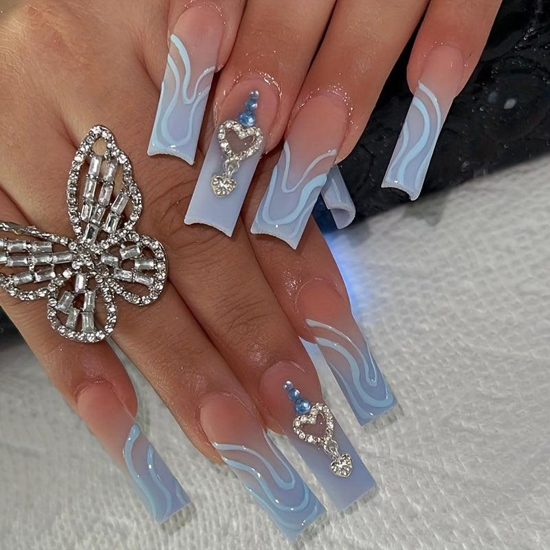 24 pcs Heart Rhinestone Press On Nails Long Square False Nails for Women