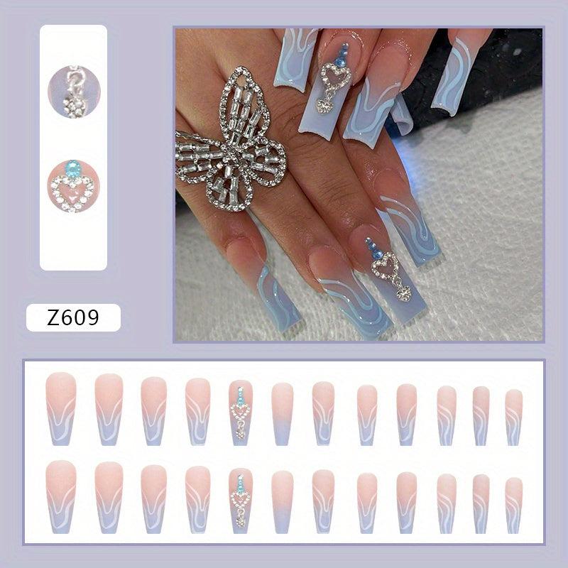 24 pcs Heart Rhinestone Press On Nails Long Square False Nails for Women