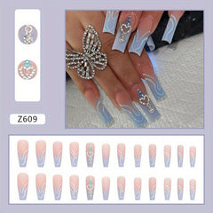 24 pcs Heart Rhinestone Press On Nails Long Square False Nails for Women