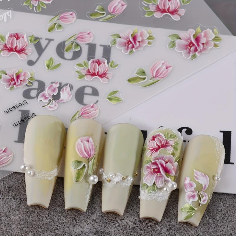 5D Embossed Flower Leaves Nail Art Stickers Decals Self Adhesive Summer Nail Sup