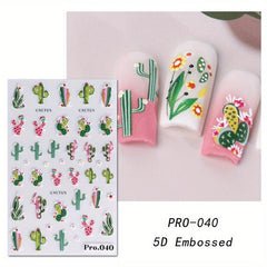 5D Embossed Flower Leaves Cactus Nail Art Stickers Decals Self Adhesive