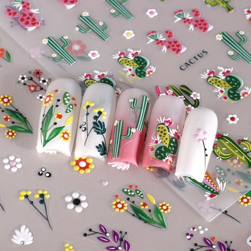 5D Embossed Flower Leaves Cactus Nail Art Stickers Decals Self Adhesive