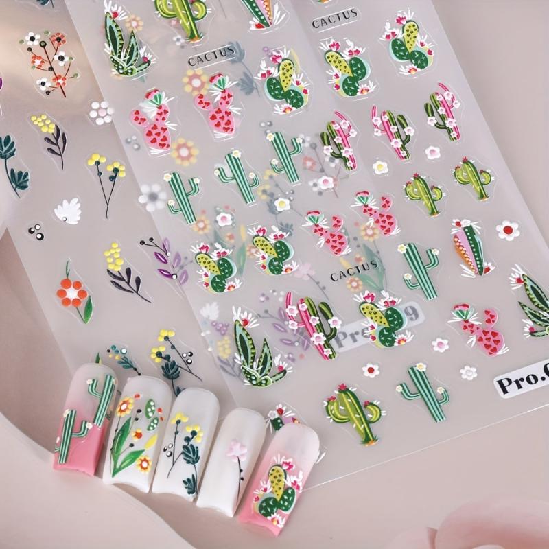 5D Embossed Flower Leaves Cactus Nail Art Stickers Decals Self Adhesive