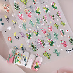 5D Embossed Flower Leaves Cactus Nail Art Stickers Decals Self Adhesive