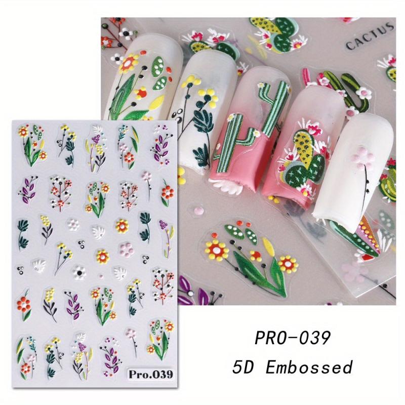5D Embossed Flower Leaves Cactus Nail Art Stickers Decals Self Adhesive