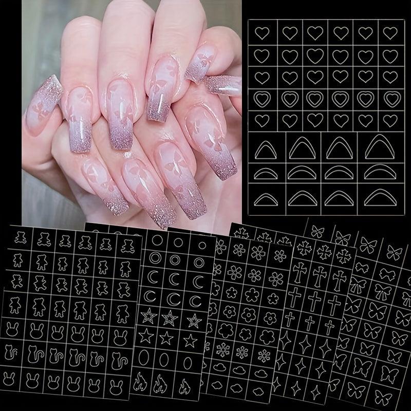 6 Sheets Nail Stickers Butterfly Flower Moon Stars Heart French Stencil