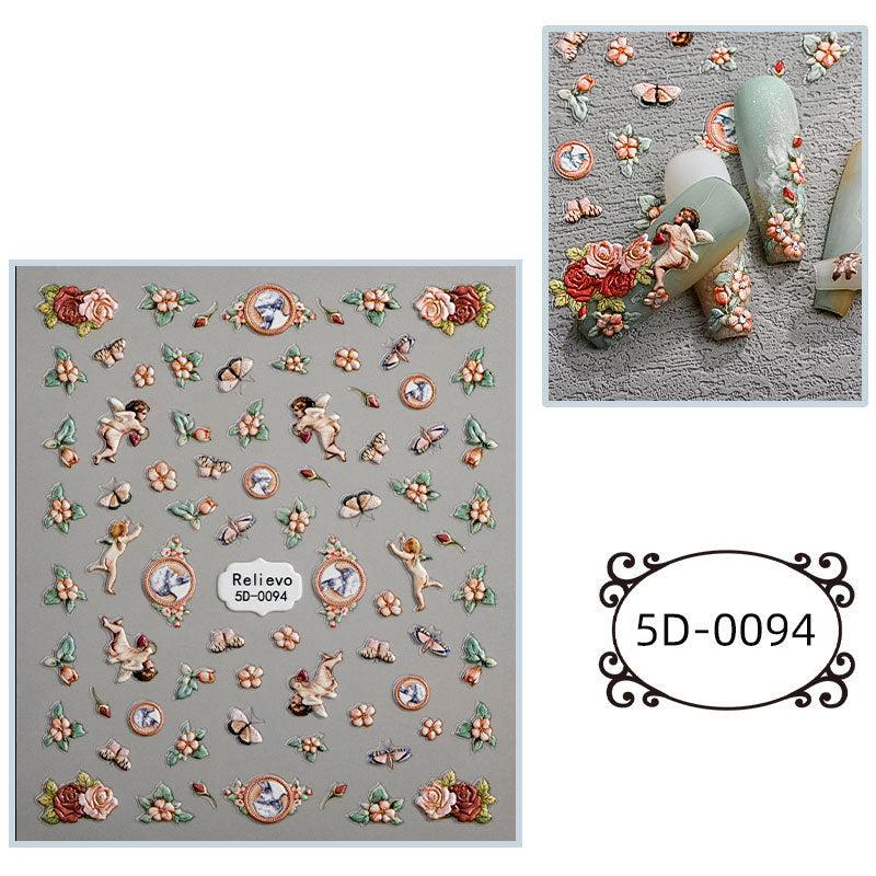 5D Embossed Retro Nail Art Stickers Flower Wings Decals