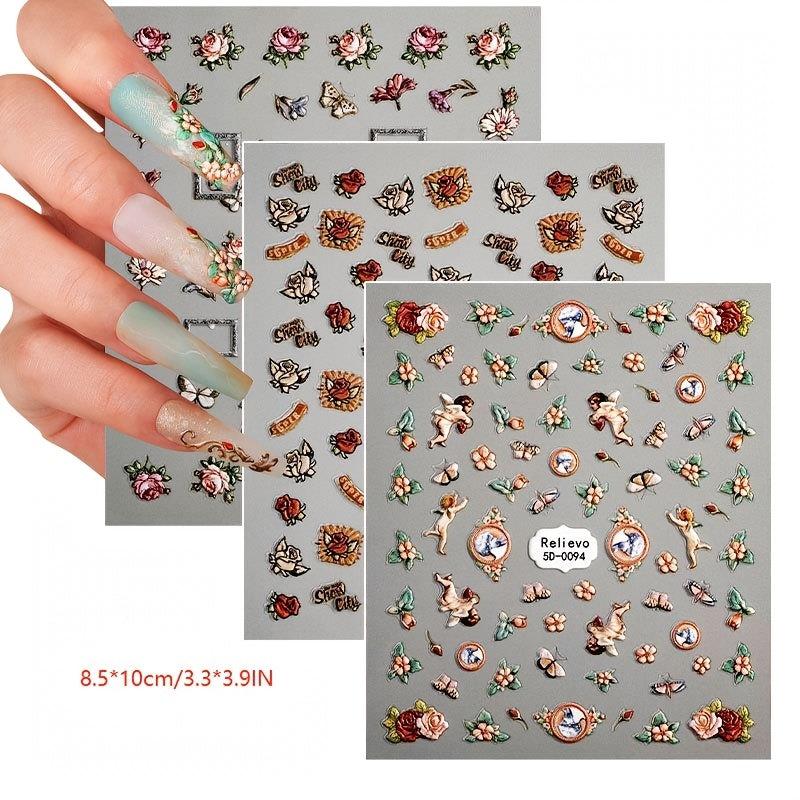 5D Embossed Retro Nail Art Stickers Flower Wings Decals