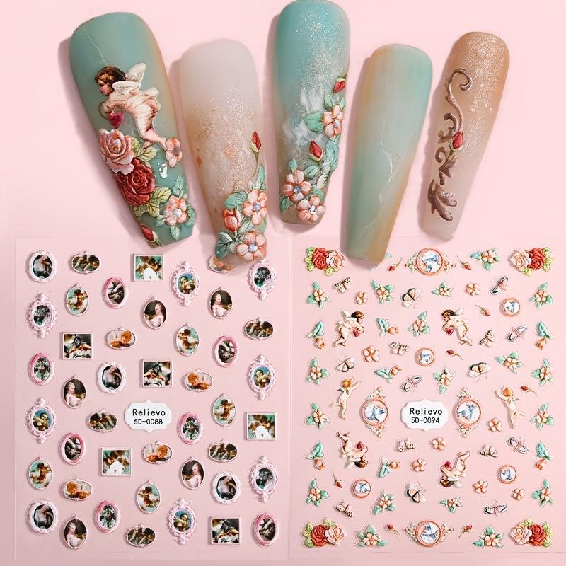 5D Embossed Retro Nail Art Stickers Flower Wings Decals