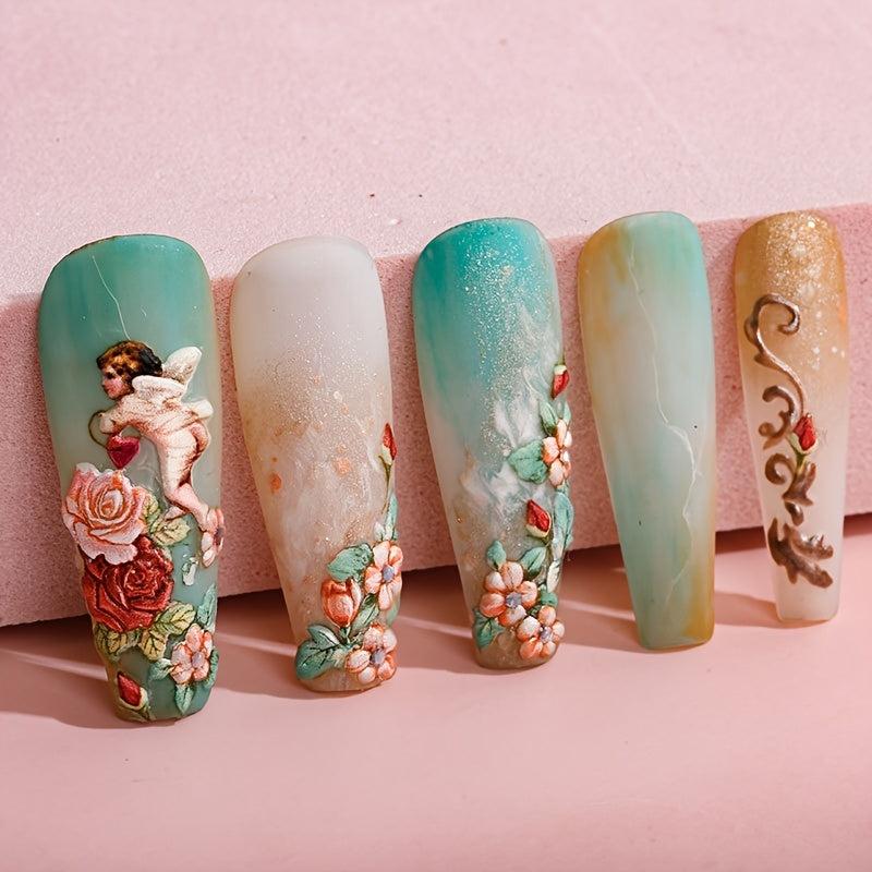 5D Embossed Retro Nail Art Stickers Flower Wings Decals