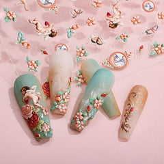 5D Embossed Retro Nail Art Stickers Flower Wings Decals