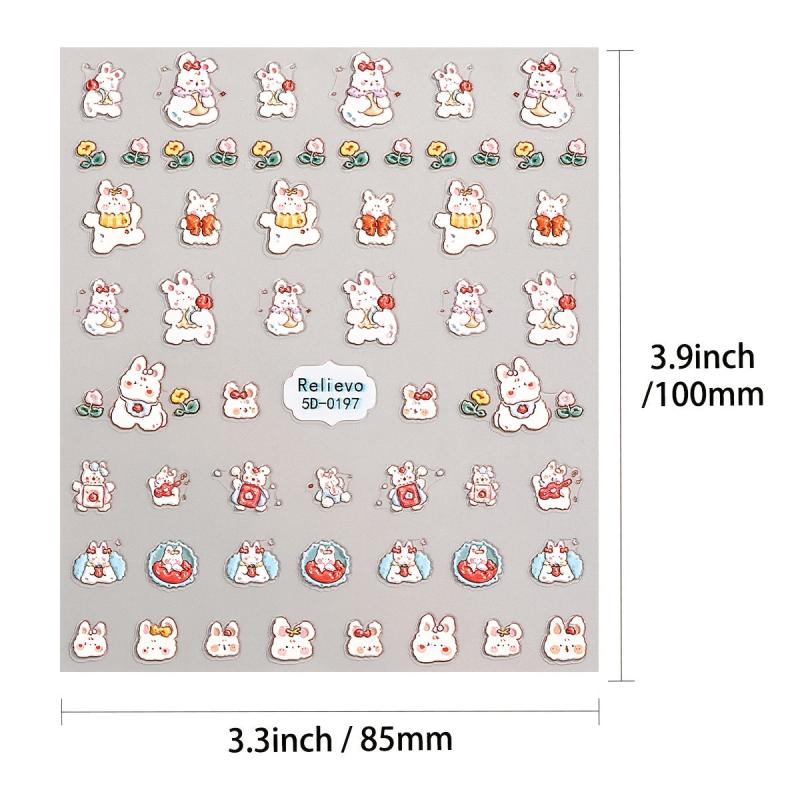 5D Embossed Nail Art Stickers, Variety Pack of Bow, Bear, Butterfly, Star, & Flo